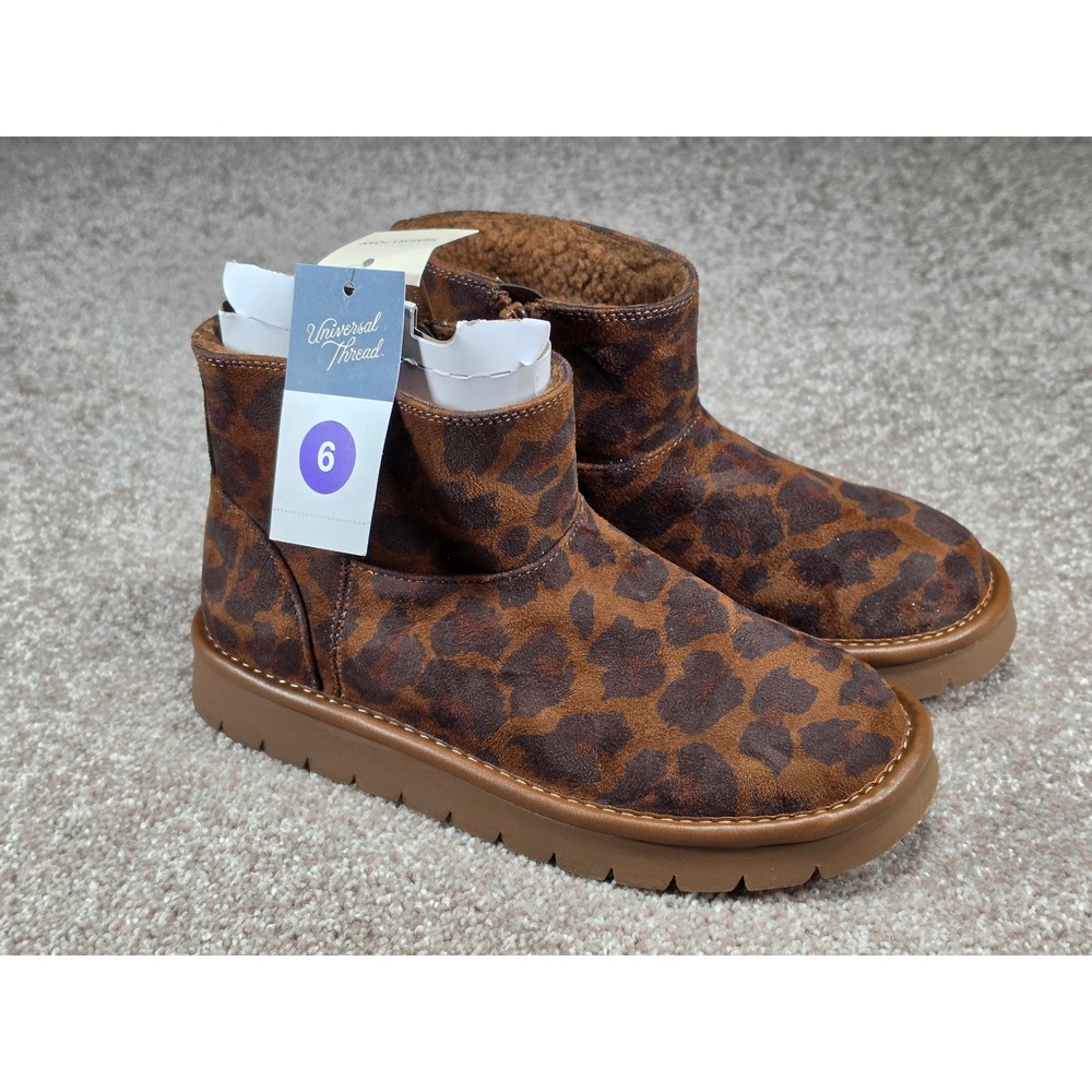 Universal Thread May Leopard Print Ankle Boots Brown Faux Fur Lined Zip Up 6